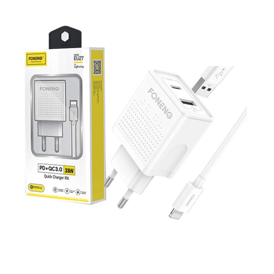 Carregador Rápido Foneng EU27 com cabo Relâmpago Dual USB 18W Branco